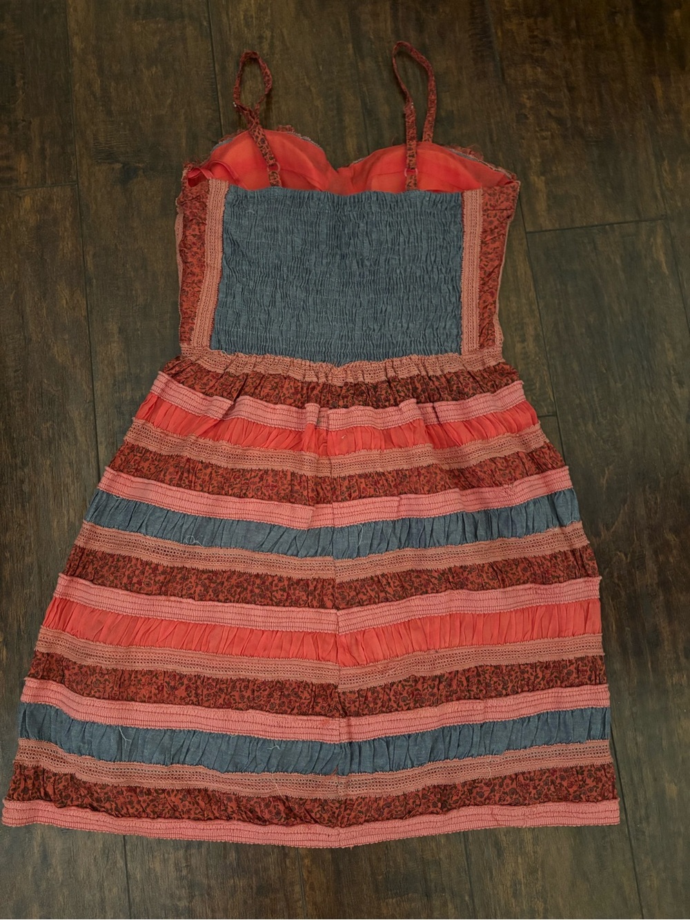 Vintage Y2K American Rag Striped Lace-Trim Mini Dress in Coral and Denim - XS - Picture 3 of 11